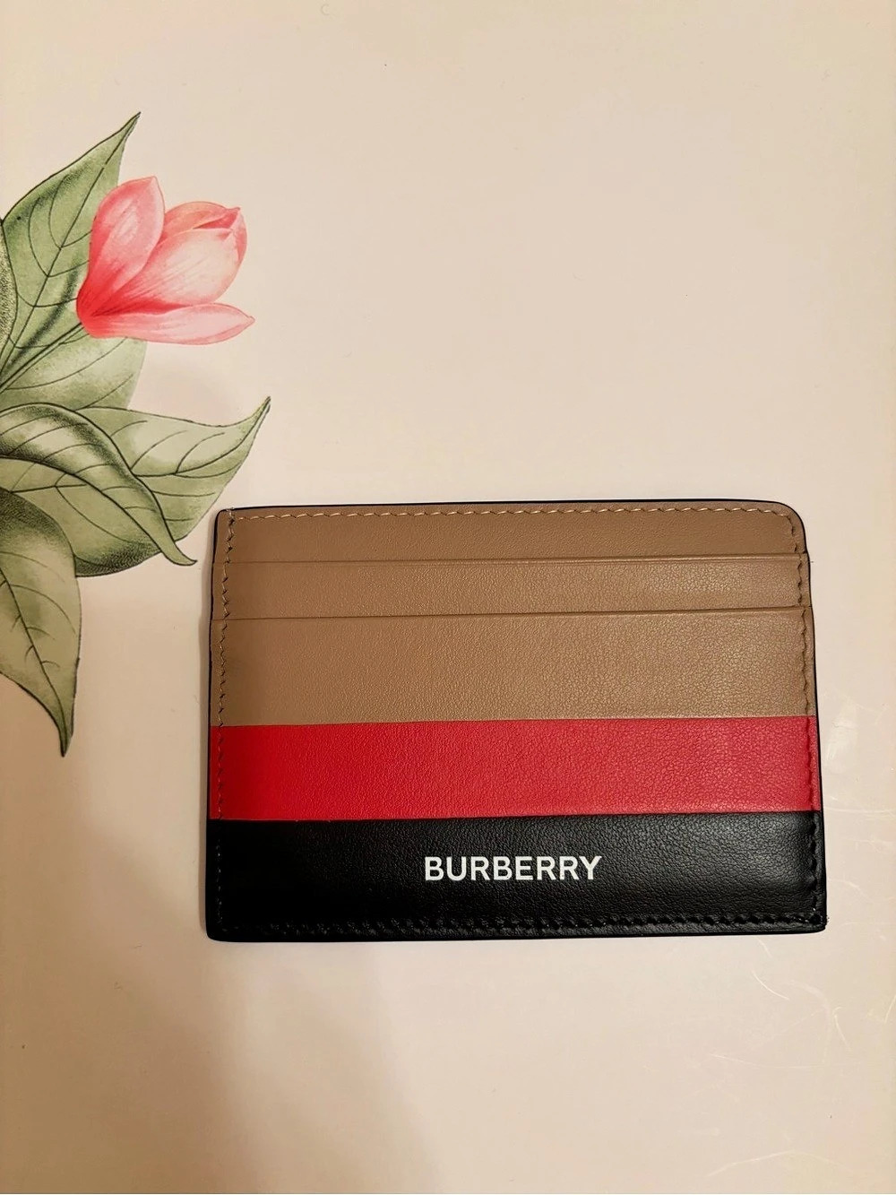 Burberry Sandon Colorblock Leather Card Case Brown & Red